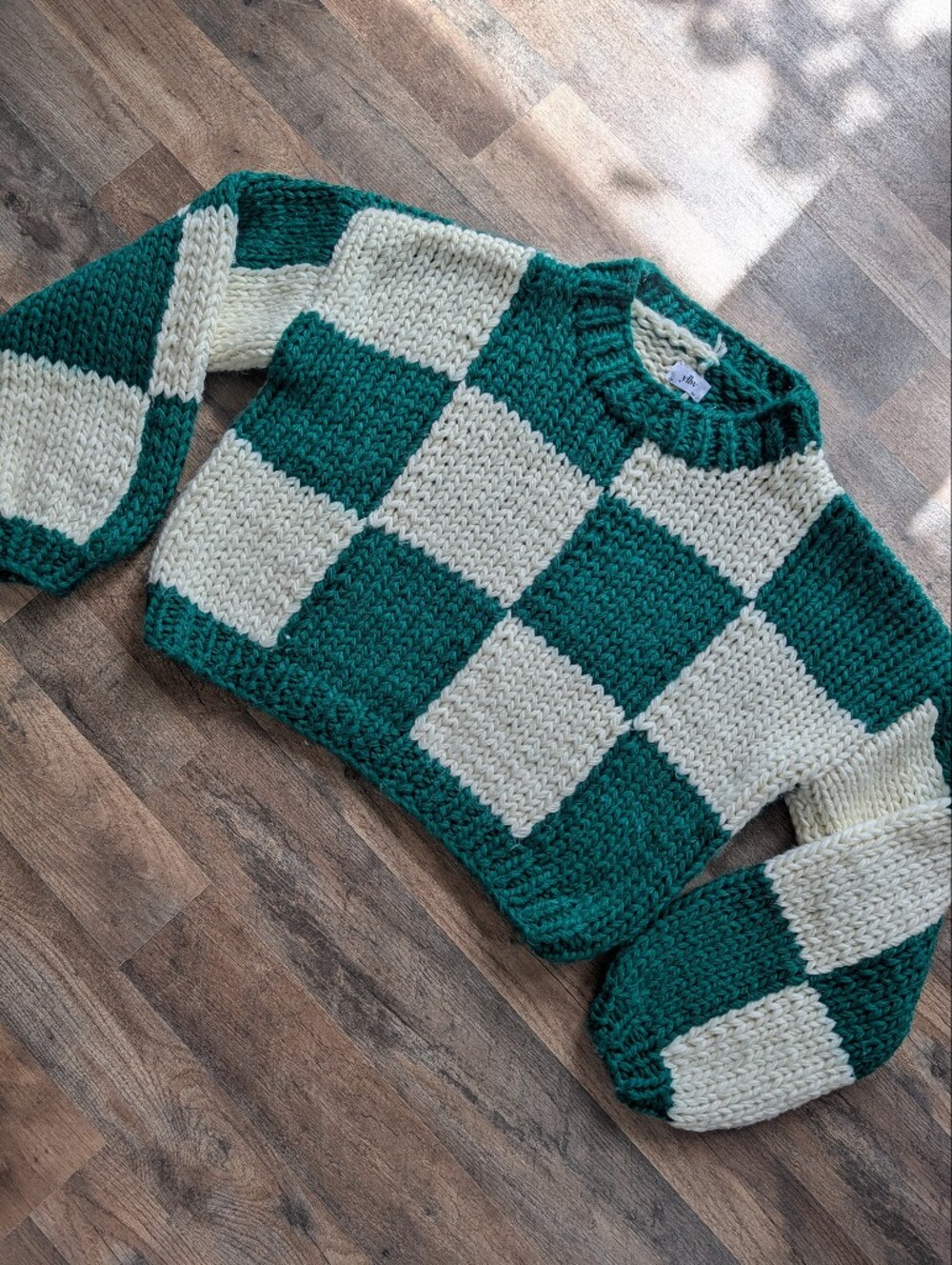 YLLW The Label Cozy Chunky Checkerboard Sweater Green Cream Oversized Knit L